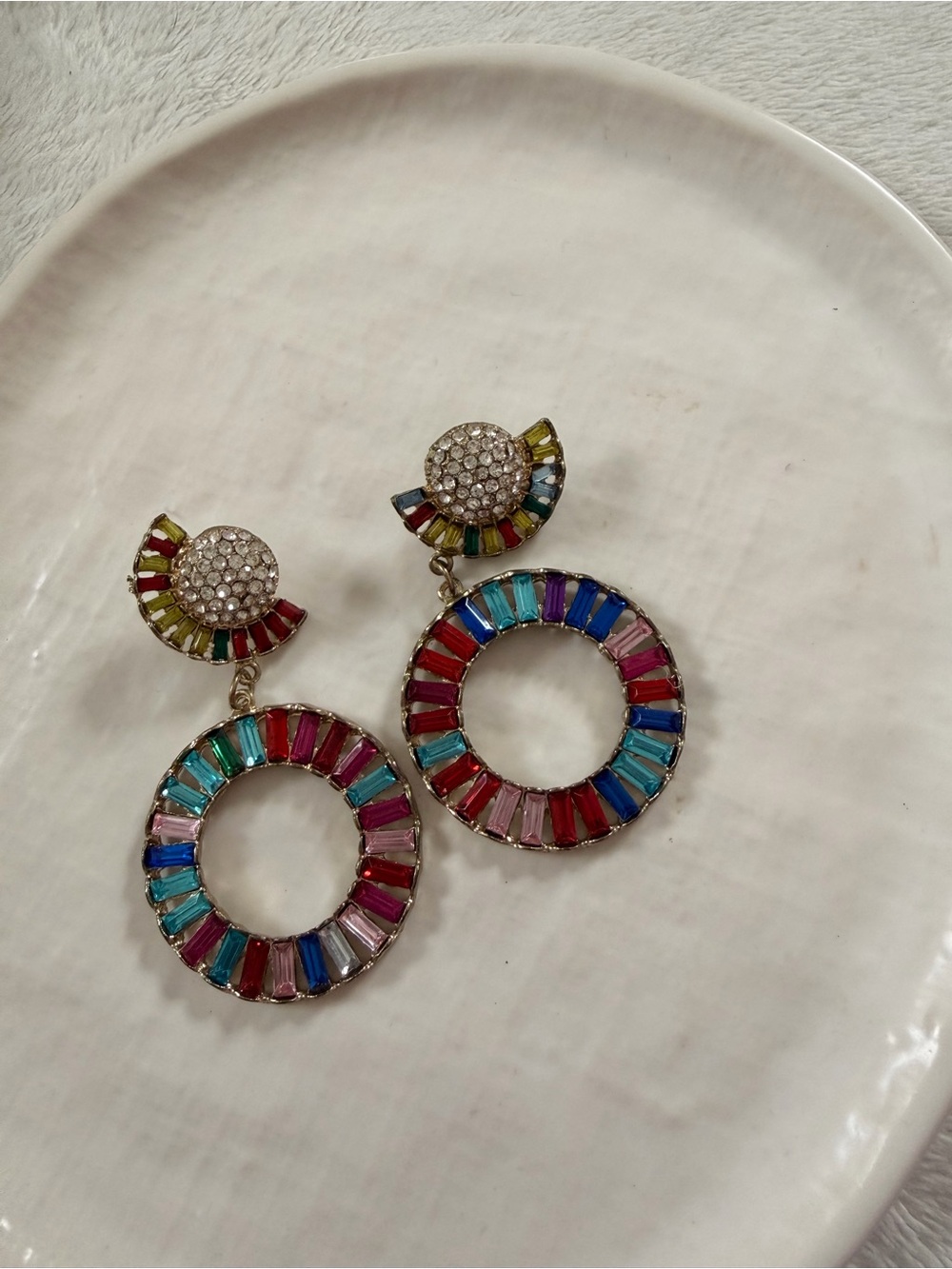 Multicolor Crystal Drop Hoop Earrings | Rainbow Rhinestone Statement Earrings